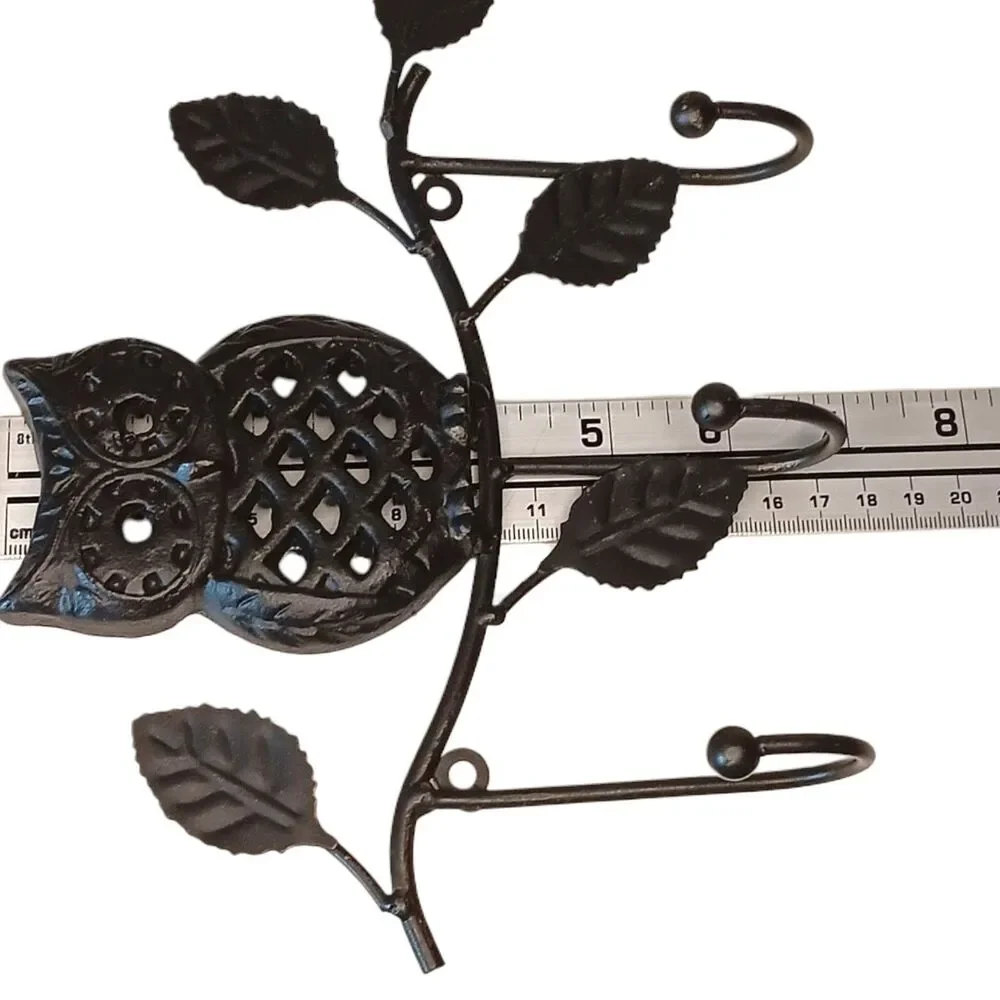 Owl On Tree Branch Wall Hanger Key Holder Three (3) Hooks Black Metal 10.5x7x1